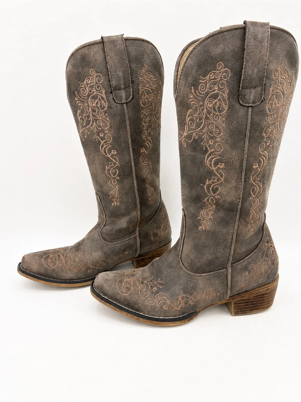 Roper Distressed Gray Embroidered Western Knee-High Boots